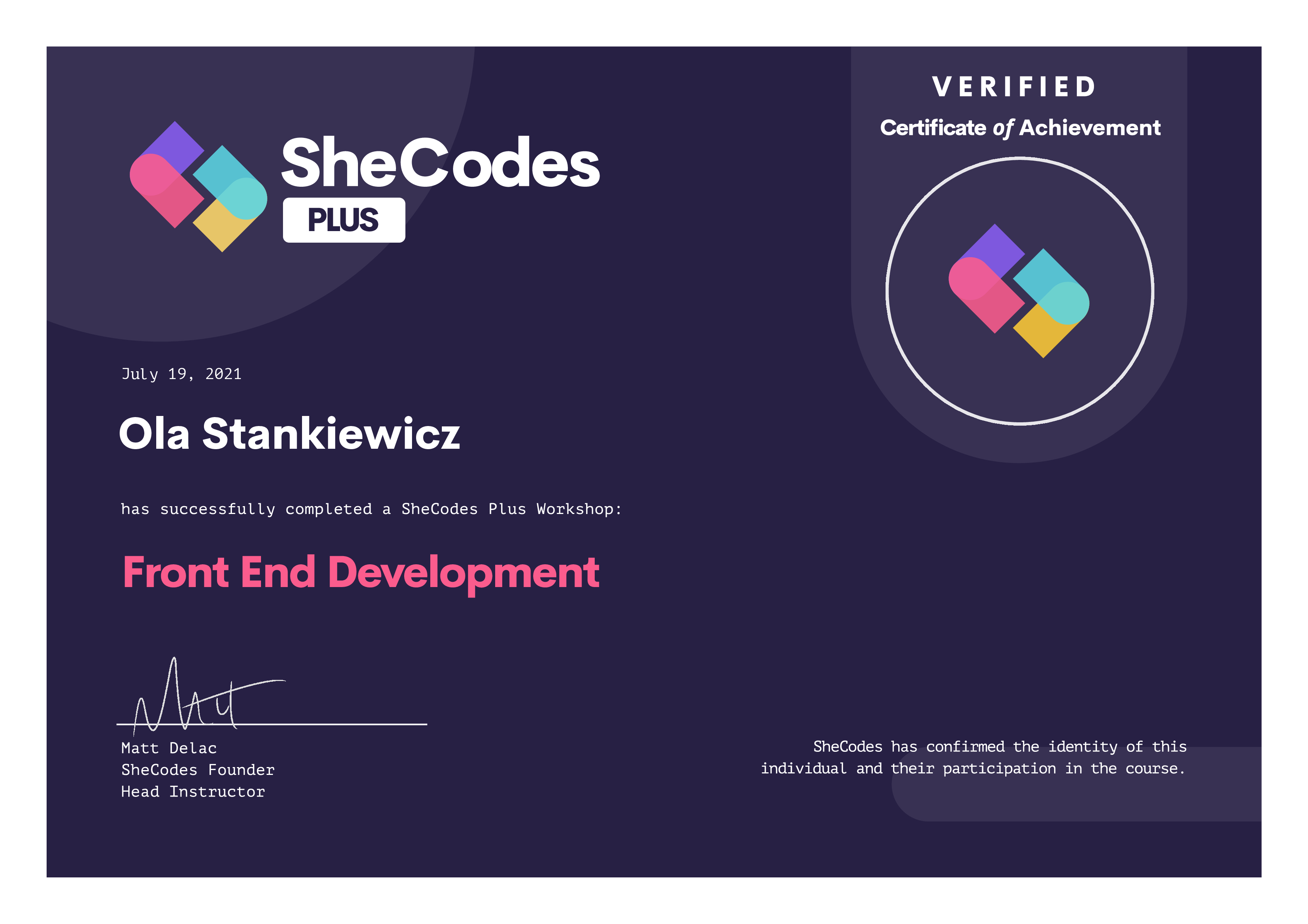 SheCodes Plus certficate